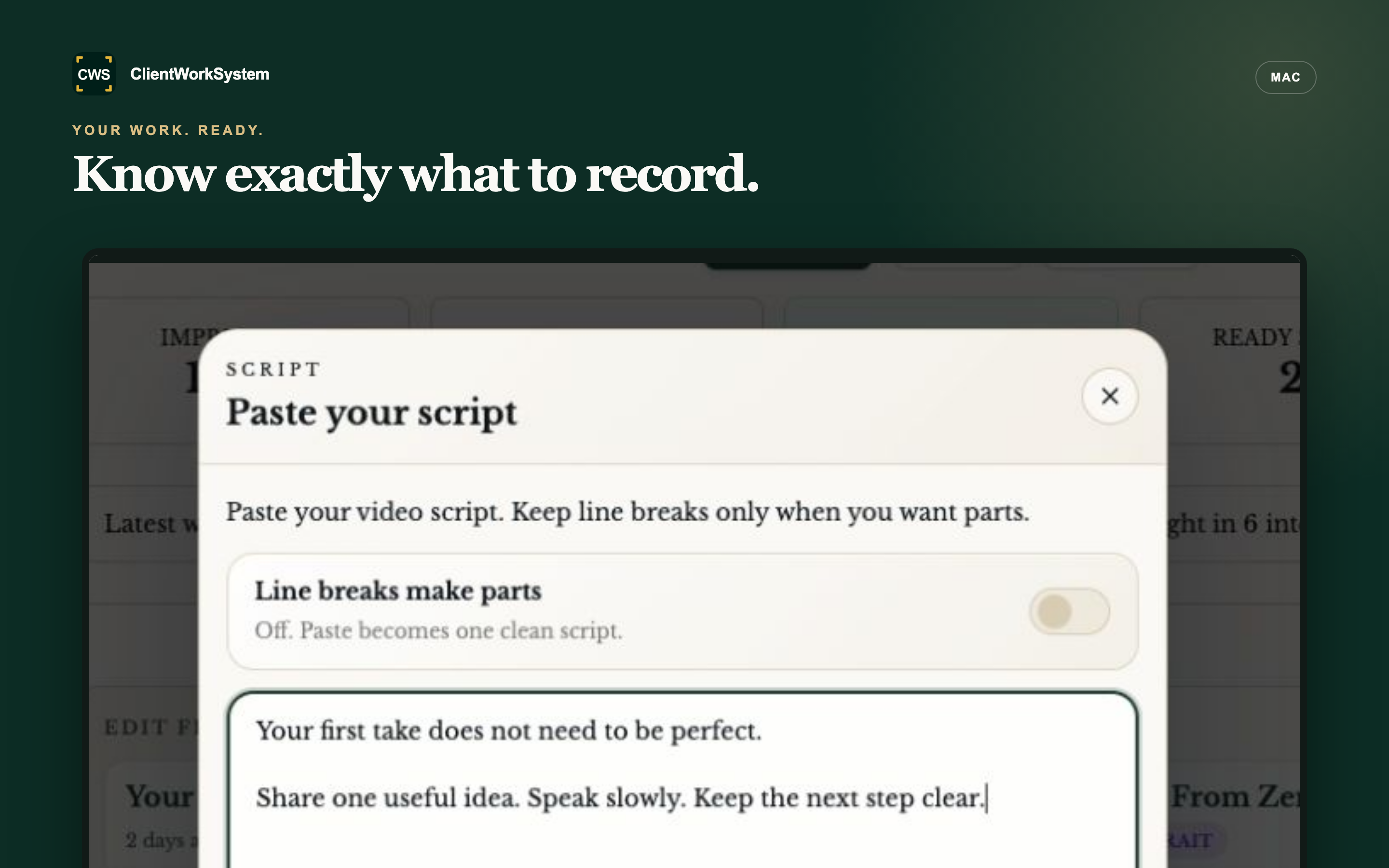 ClientWorkSystem script workspace ready for recording