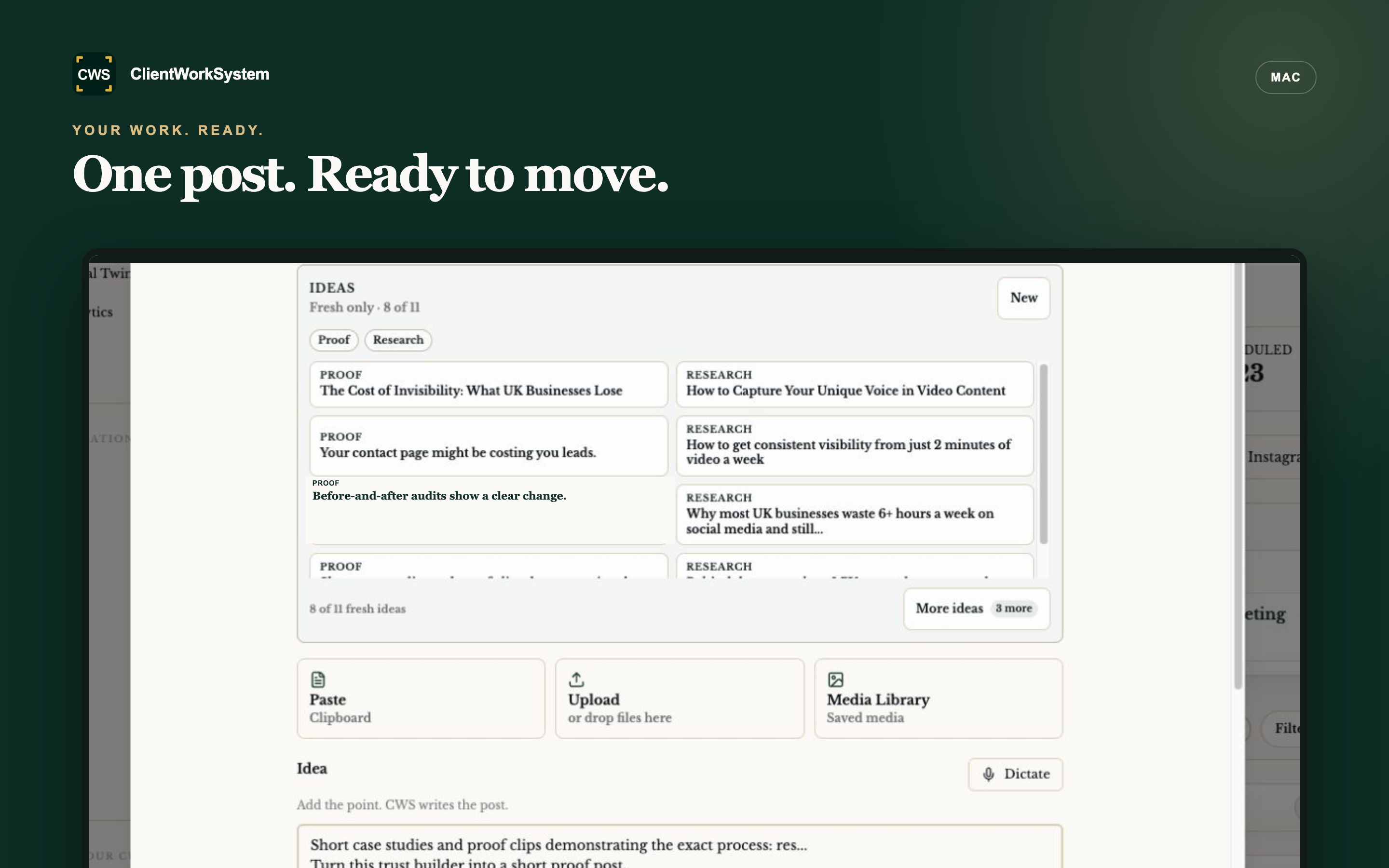 ClientWorkSystem QuickPost workspace with ideas and media choices