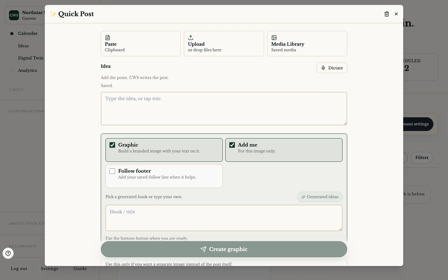 Make a social graphic that starts with your message in the ClientWorkSystem web app