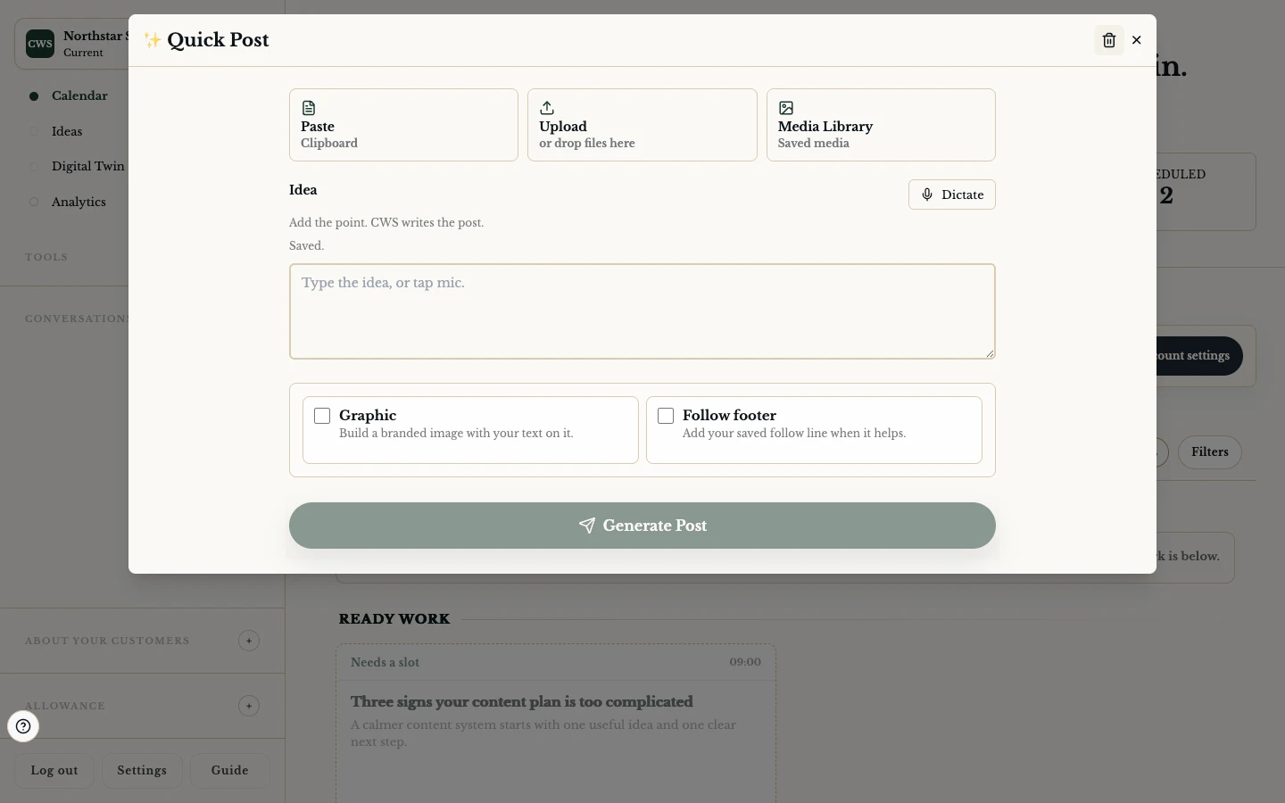 Turn a rough idea into a ready post in the ClientWorkSystem web app