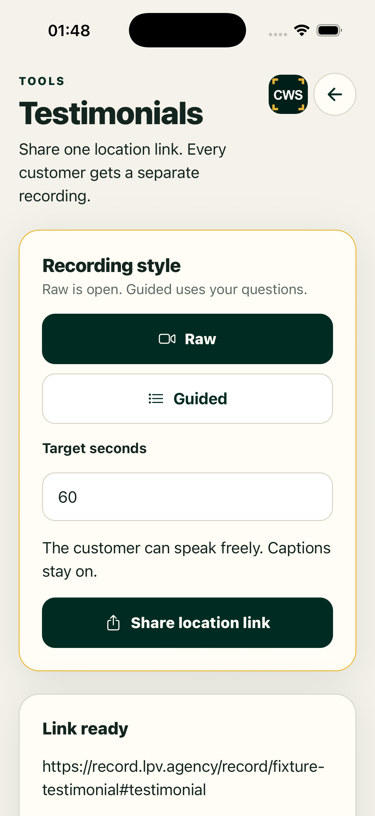 Make it easier to ask for a testimonial in the native ClientWorkSystem iPhone app